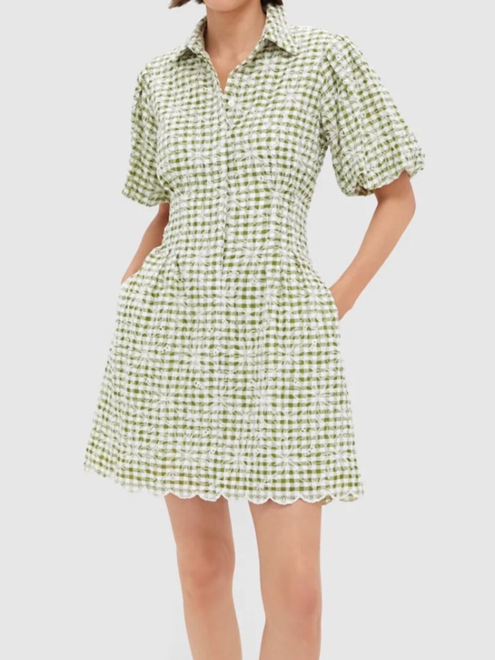 Embroidered Floral Green Gingham Mini Delaney Dress NWT
